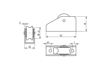 RVS koordgeleider met stalen wiel 28 mm